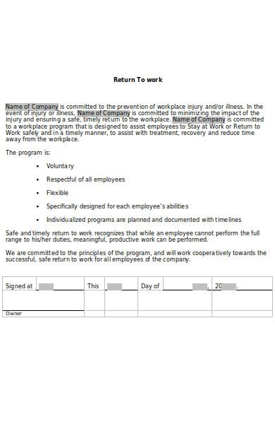 Free 50 Return To Work Forms In Pdf Ms Word