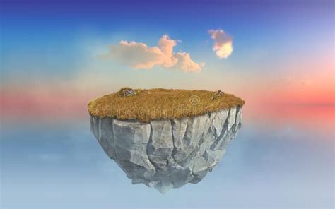 3d Paradise Rock Floating Island With Green Grass Field Surrealism