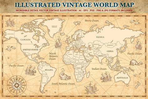 5 Panel World Map Canvas Wall Art Retro Vintage Large Map E42