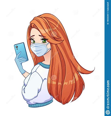 Pretty Cartoon Girl With Long Red Hair Taking Selfie Stock