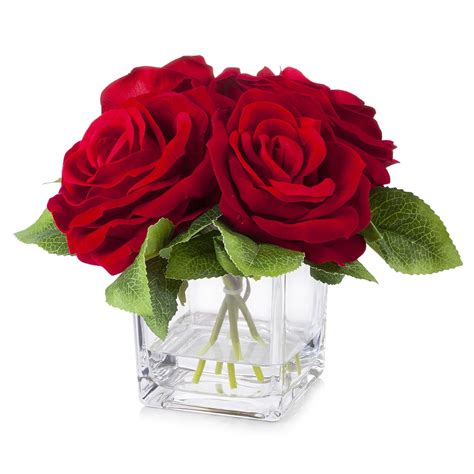 Enova Home 4 Large Heads Artificial Velvet Roses Faux Flowers In Cube Glass Vase With Faux Water