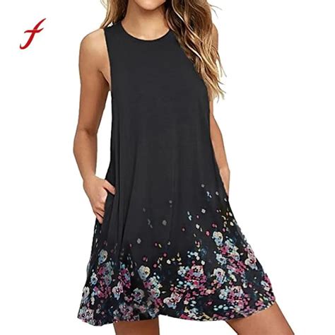 Feitong Floral Printed Boho Dress Women Sleeveless O Neck Summer Dresses With Pockets Mini