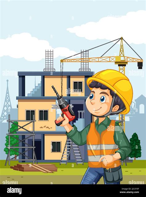 Cartoon Scene Of Building House Construction Site Illustration Stock