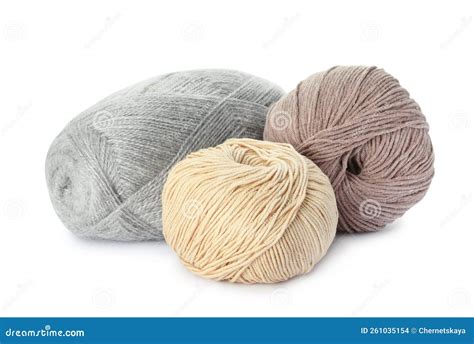 Different Balls Of Woolen Knitting Yarns On White Background Stock
