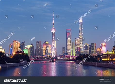 Shanghai Skyline Night Oriental Pearl Tower Stock Photo 335051237