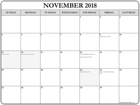 November 2018 Calendar With Holidays Usa Incluides Us Federal Holidays