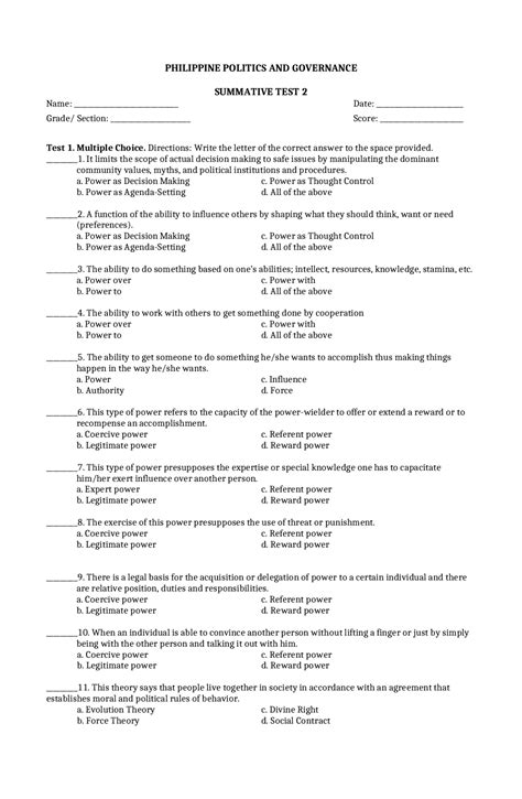 Philippine Politics And Governance Summative Test 1 Exams Political