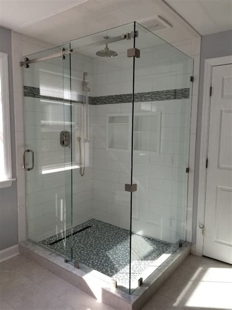 frameless glass shower enclosure with serenity sliding door salle de bain new york par