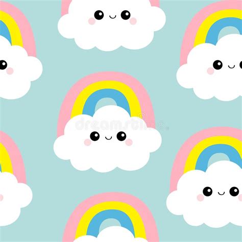 Cloud Rainbow Seamless Pattern Funny Face Head Cute Cartoon Kawaii