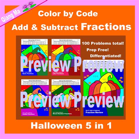 Halloween Color By Code Add And Subtract Fractions 5 In 1 Made By Teachers