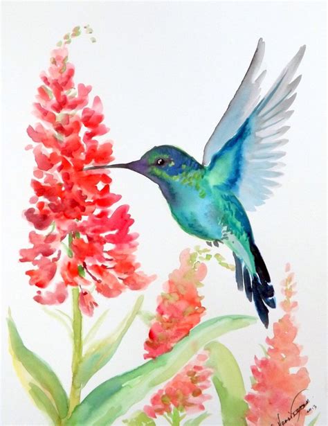 Original Watercolor Painting Hummingbird 9 X 12 Birds Flowers