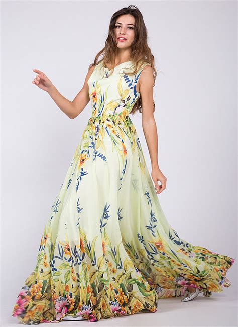 Light Yellow Draped Neck Floor Length Sundress With Multi Color Floral