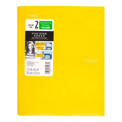 Five Star Plastic Folder With Prongs 2 Pockets Yellow Durable Folder