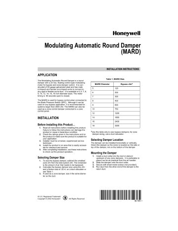 Honeywell MARD6 6 Modulating Automatic Round Damper Installation