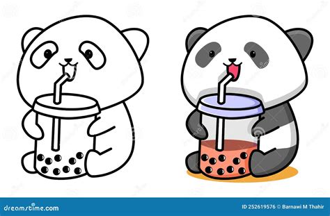 Cute Panda Drinking Milk Tea Coloring Page For Kids Stock Vector