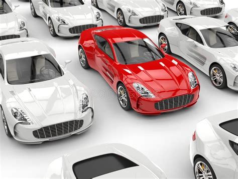 Awesome Red Sports Car In The Crowd Of White Cars Stock Illustration