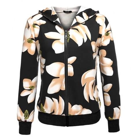 Women Casual Long Sleeve Hooded Floral Print Coat Outerwear Womens