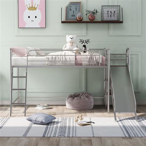 Twin Metal Low Loft Bed With Slide And Storage Multifunctional Design