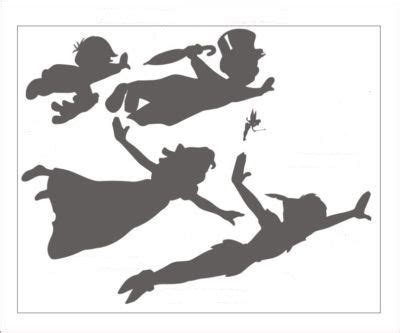 Peter Pan, Wendy Darling, John Darling, Michael Darling and Tinker Bell flying. black and white ...