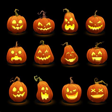 Halloween Pumpkins Faces Glowing In Darkness 23526495 Vector Art At