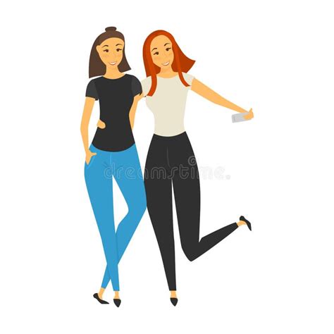 Two Girls Make Selfie Color Illustration Isolated On White Stock Vector Illustration Of Hobby