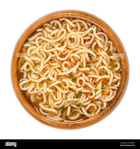 Instant Ramen With Vegetable Taste In A Wooden Bowl Instant Noodles Soaked In Boiling Water