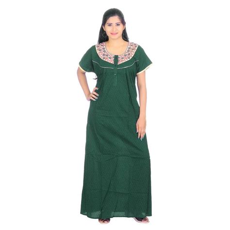 Green Colour Embroidery Printed Round Neck Cotton Nighty For Ladies Nightwear Women Night Gown