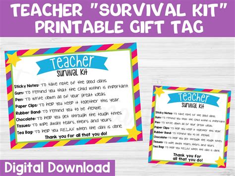 Teacher Survival Kit Printable Gift Tag First Day Of School Etsy