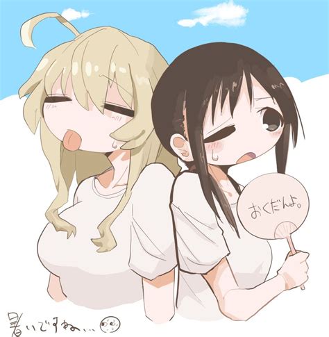 safebooru 2girls ahoge back to back black eyes black hair blonde hair chito shoujo