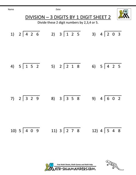 grade math worksheets division  digits   digit