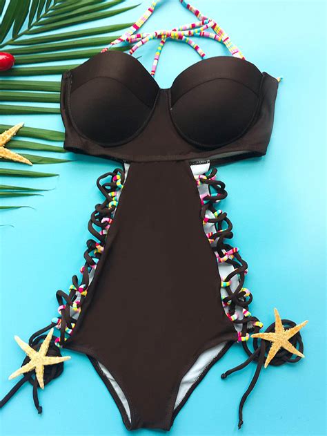 11 Off Stylish Halter Low Cut Hollow Out One Piece Swimwear For