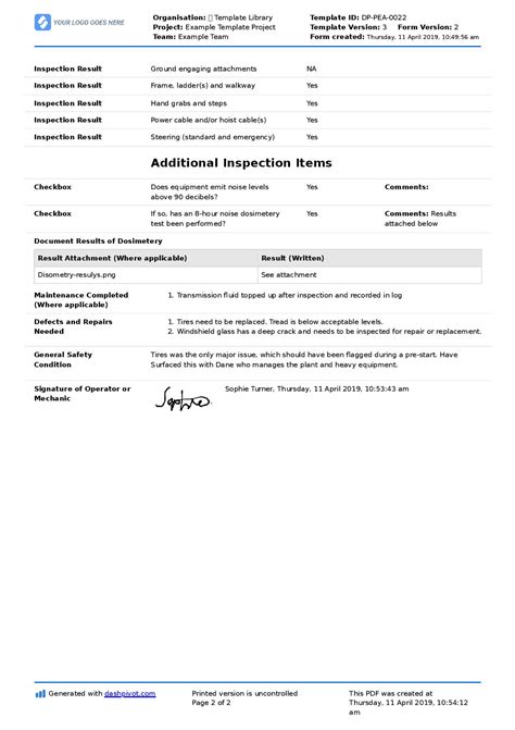 Heavy Equipment Inspection Checklist Template Free Editable Form