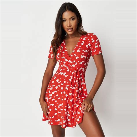 Missguided Floral Print Wrap Front Skater Dress Red Missguided