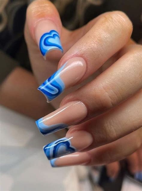 Blue Heart Swirl Nails Y2k Aesthetic Minimalistic Blue Acrylic Nails