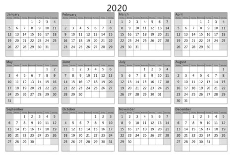 2020 Year Calendar With Space To Write
