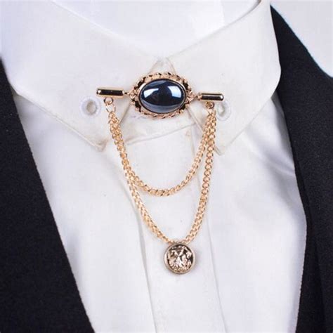 Best Quality Wholesale High Quality Fashion Crystal Gem Men Brooch With Tassel Chain Shirt