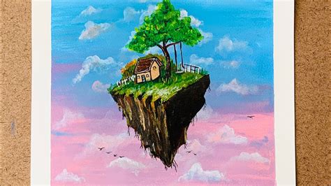 How To Paint Flying Island Floating Island In The Sky Easy Acrylic