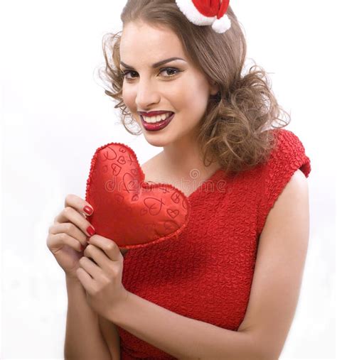 Pretty Woman In Santas Red Hat Isolated Stock Photo Image Of