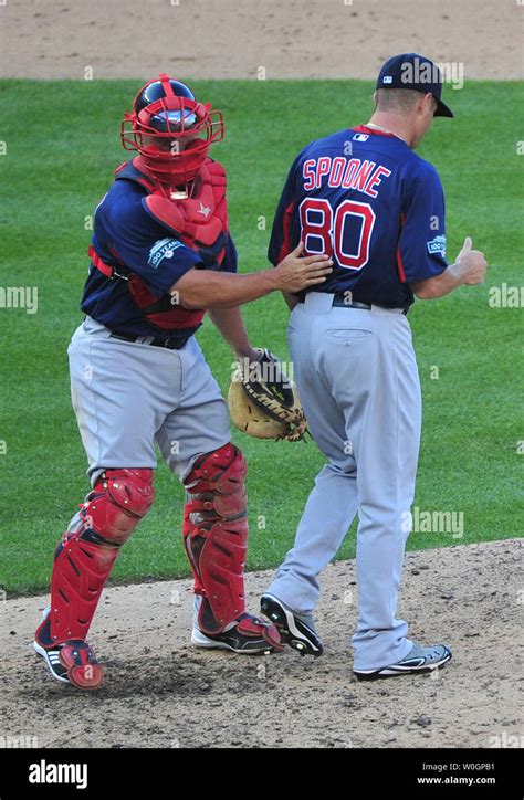 Boston Red Sox Catcher Dan Butler Talks To Pitcher Chorye Spoone During