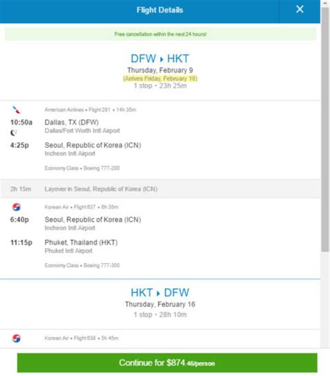 American Korean Air 875 Dallas Phuket Thailand Roundtrip