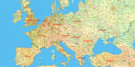 Europe Asia Pdf Map Vector Mercator Prj Topo Relief 01