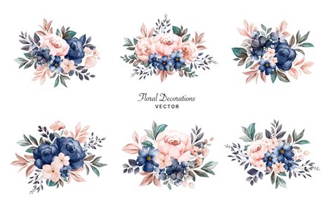 Blush And Navy Flowers Png Watercolor Floral Clipart Set 45 Off