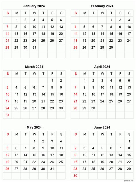 Printable Calendar 2024 6 Months Per Page 2024 Yearly Calendar