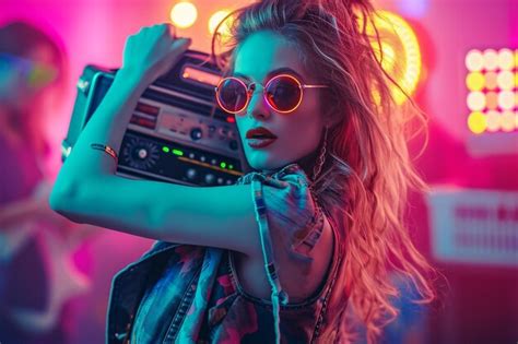 Premium Photo 80s Party Girl Dancing With Boombox On Shoulder
