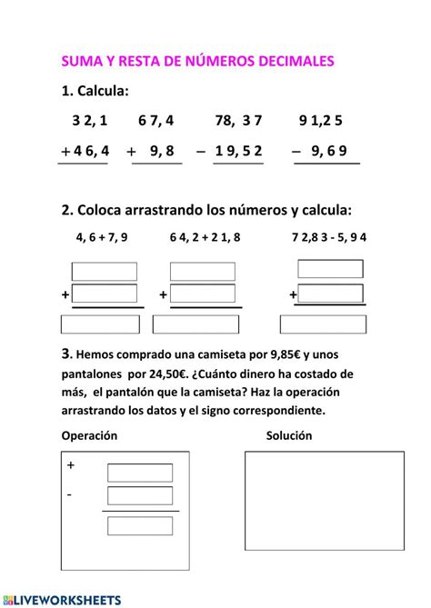 Ejercicio interactivo de Suma y resta números decimales Math Equations