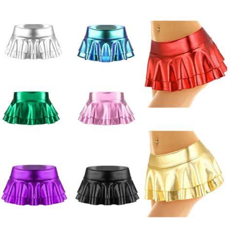 SEXY WOMENS SHINY Metallic Mini Skirt Wetlook Dance Party Ruffled Skirt