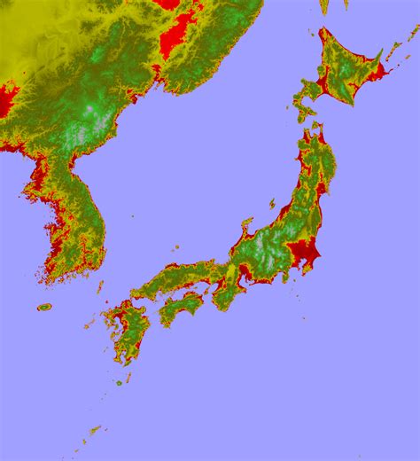 Submerged areas of Japan for a postulated 80m sea level rise | Sea level rise, Japan, Sea level