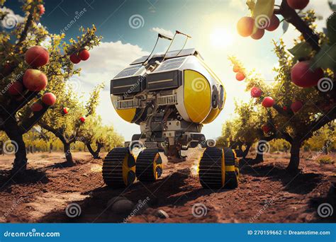 Futuristic Farming Machines And Solar Powered Robots Working In Orchand