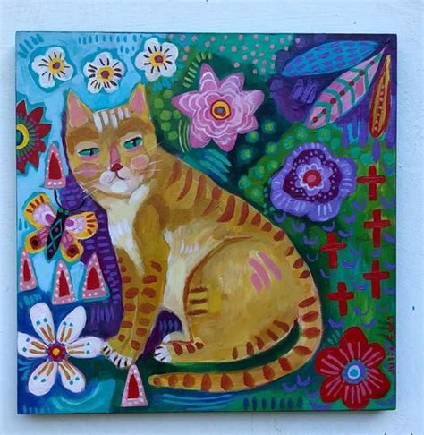 Folk Art Cat Painting Etsy Folk Art Cat Cat Painting Modern Folk Art