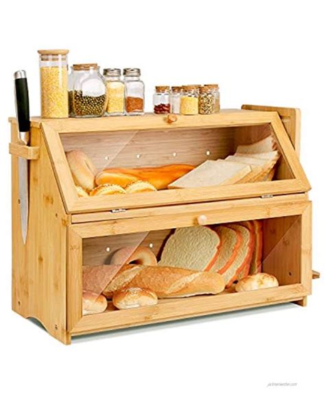 Homekoko Double Layers Bamboo Corner Bread Box For Kitchen Counter
